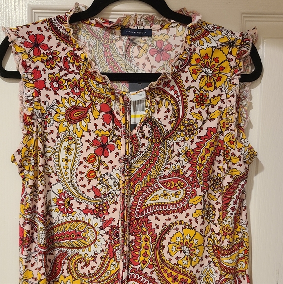 TOMMY HILFIGER PAISLEY RUFFLE SLEEVE FRONT TIE TASSELS TOP - Picture 4 of 14